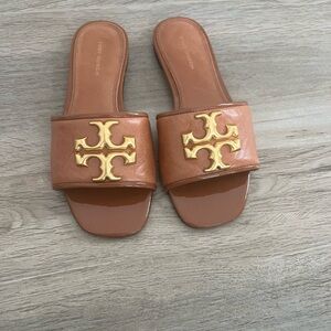 Tory Burch Brown Leather Slide Sandals with Gold Logo
